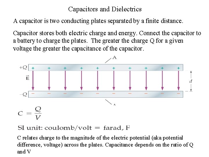 Capacitors and Dielectrics A capacitor is two conducting plates separated by a finite distance.