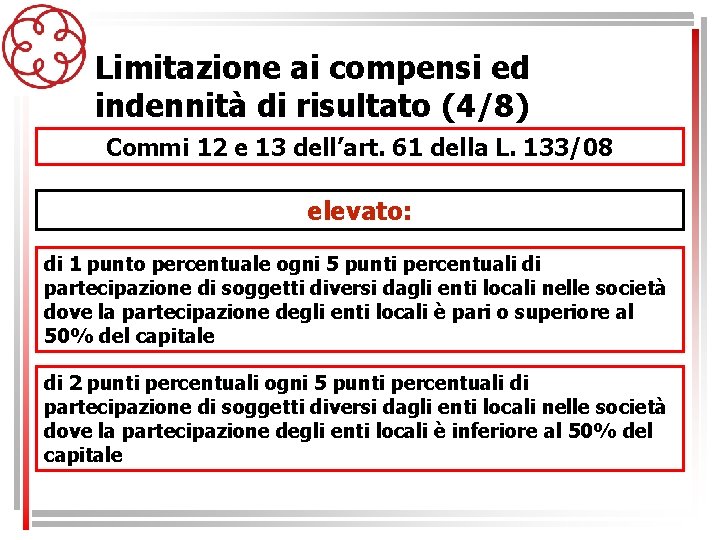 Limitazione ai compensi ed indennità di risultato (4/8) Commi 12 e 13 dell’art. 61