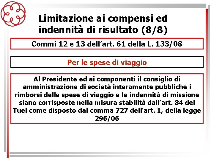 Limitazione ai compensi ed indennità di risultato (8/8) Commi 12 e 13 dell’art. 61