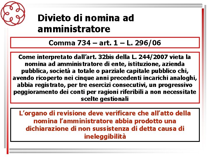 Divieto di nomina ad amministratore Comma 734 – art. 1 – L. 296/06 Come