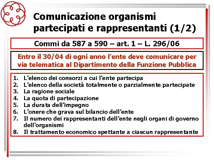 Comunicazione organismi partecipati e rappresentanti (1/2) Commi da 587 a 590 – art. 1