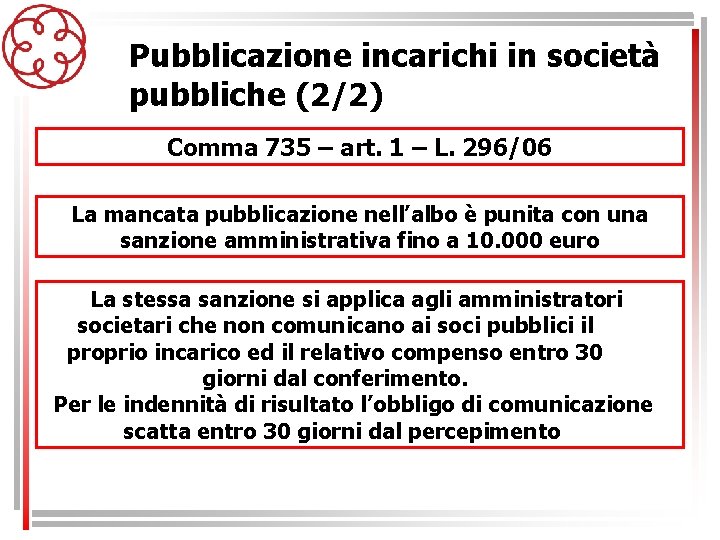 Pubblicazione incarichi in società pubbliche (2/2) Comma 735 – art. 1 – L. 296/06