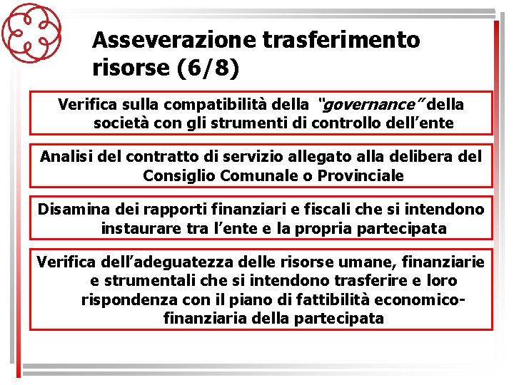 Asseverazione trasferimento risorse (6/8) Verifica sulla compatibilità della “governance” della società con gli strumenti