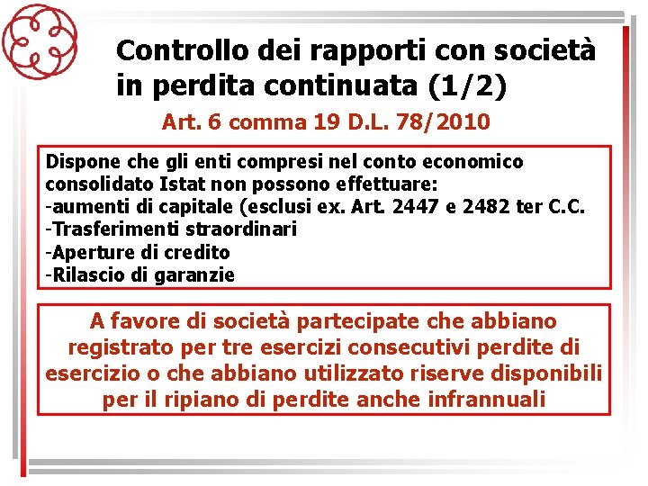 Controllo dei rapporti con società in perdita continuata (1/2) Art. 6 comma 19 D.