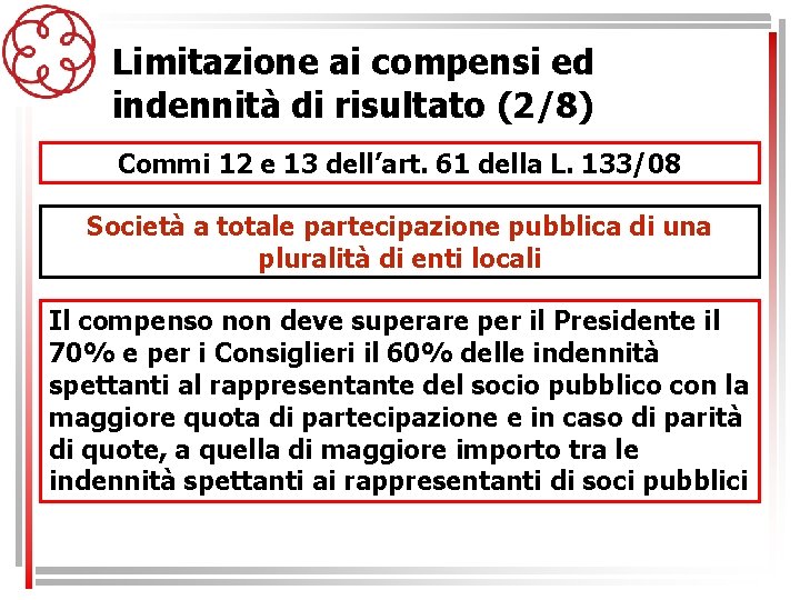Limitazione ai compensi ed indennità di risultato (2/8) Commi 12 e 13 dell’art. 61