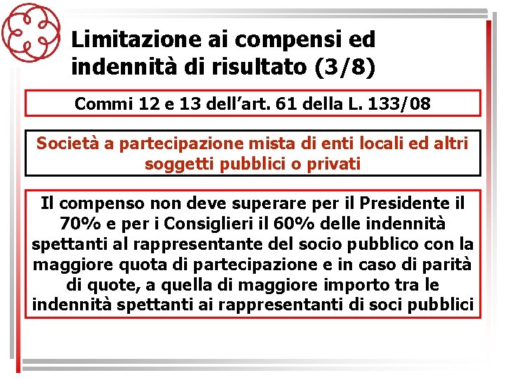 Limitazione ai compensi ed indennità di risultato (3/8) Commi 12 e 13 dell’art. 61