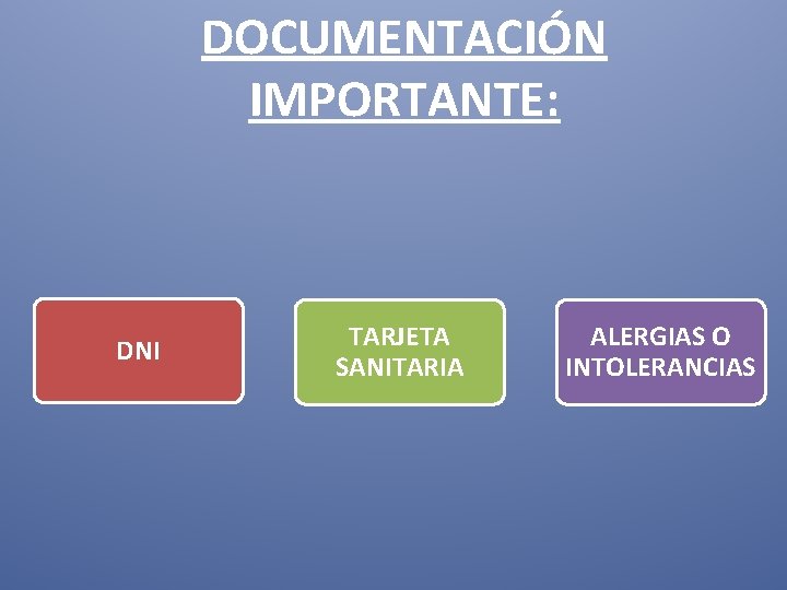 DOCUMENTACIÓN IMPORTANTE: DNI TARJETA SANITARIA ALERGIAS O INTOLERANCIAS 