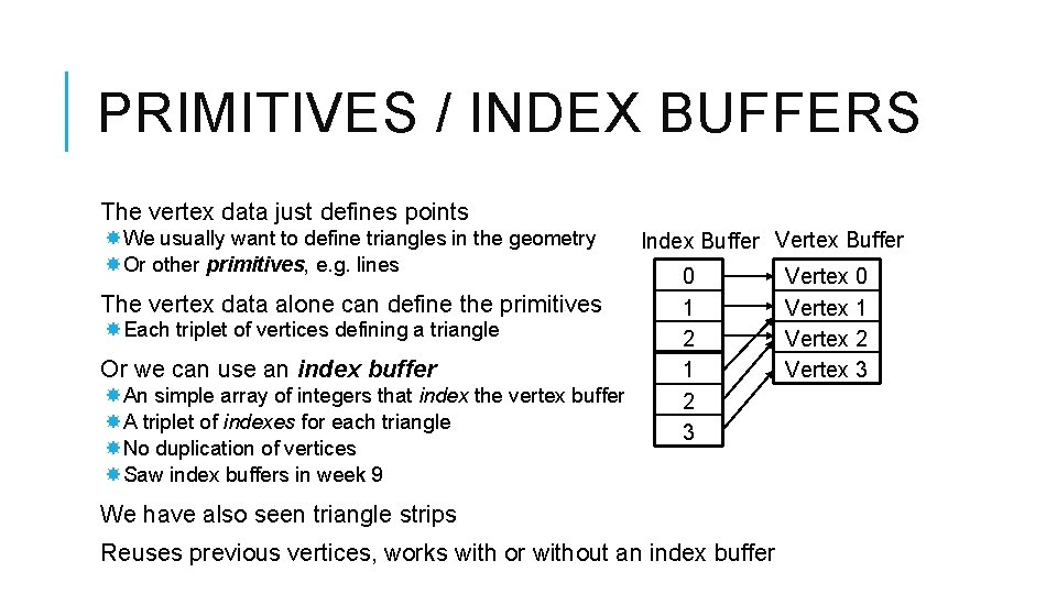 PRIMITIVES / INDEX BUFFERS The vertex data just defines points We usually want to