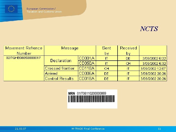 European Commission / Taxation and Customs Union NCTS 21. 03. 07 M-TRADE Final Conference