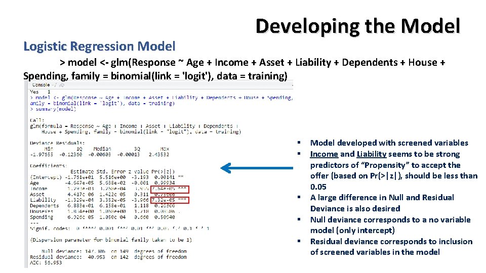 Logistic Regression Model Developing the Model > model <- glm(Response ~ Age + Income