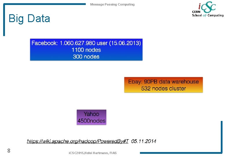 Message Passing Computing Big Data 8 i. CSC 2015, Helvi Hartmann, FIAS 