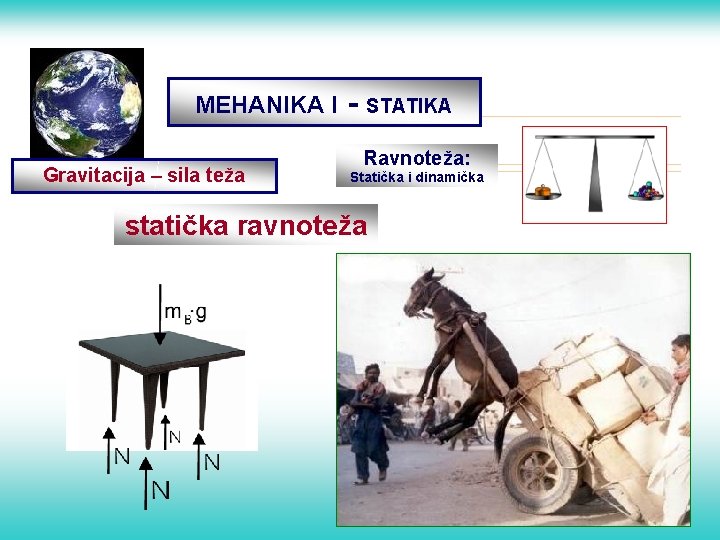 MEHANIKA I Gravitacija – sila teža - STATIKA Ravnoteža: Statička i dinamička statička ravnoteža