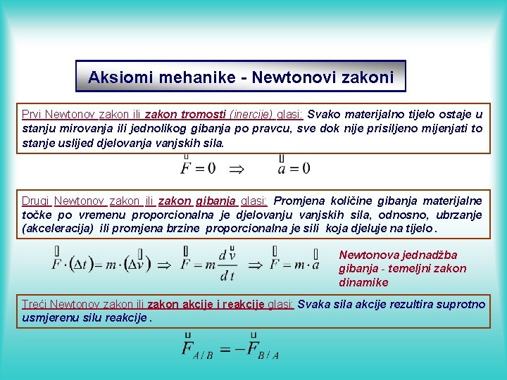 Aksiomi mehanike - Newtonovi zakoni Prvi Newtonov zakon ili zakon tromosti (inercije) glasi: Svako