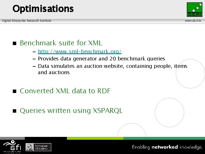 Optimisations Digital Enterprise Research Institute n Benchmark suite for XML www. deri. ie –