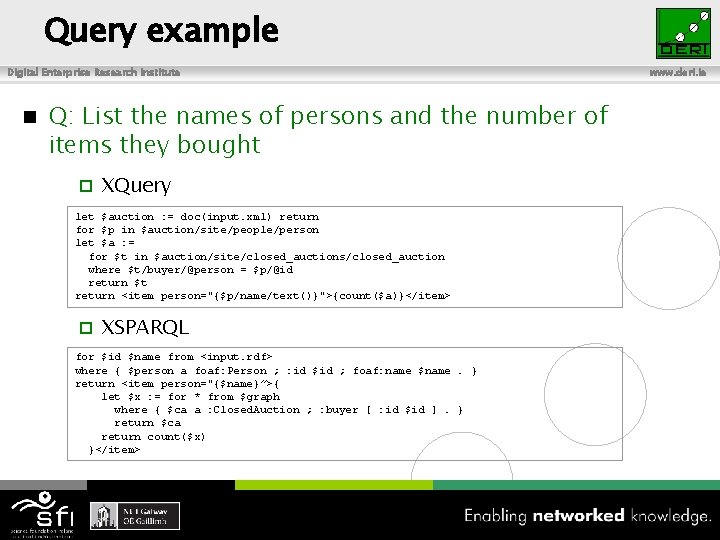 Query example Digital Enterprise Research Institute n Q: List the names of persons and