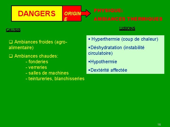 DANGERS ORIGIN E CAUSES q Ambiances froides (agroalimentaire) PHYSIQUE: AMBIANCES THERMIQUES LESIONS § Hyperthermie