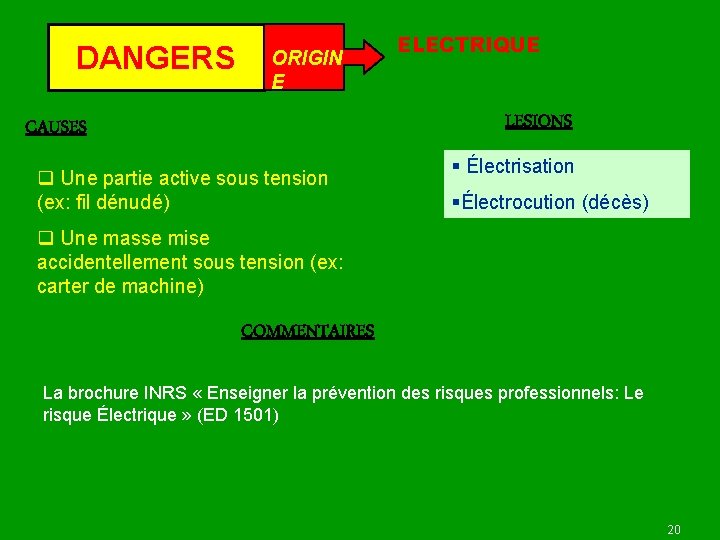 DANGERS ORIGIN E ELECTRIQUE LESIONS CAUSES q Une partie active sous tension (ex: fil