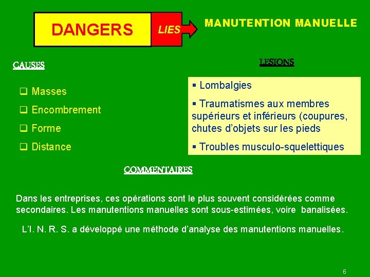DANGERS MANUTENTION MANUELLE LIES LESIONS CAUSES q Masses § Lombalgies q Forme § Traumatismes
