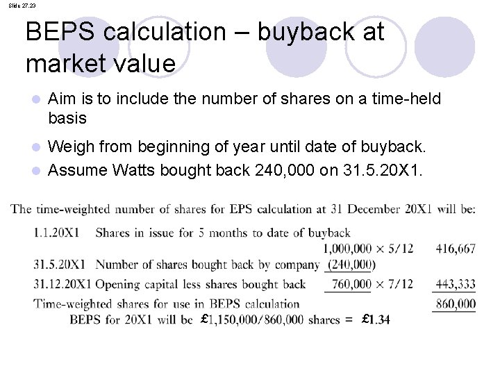 Slide 27. 23 BEPS calculation – buyback at market value l Aim is to
