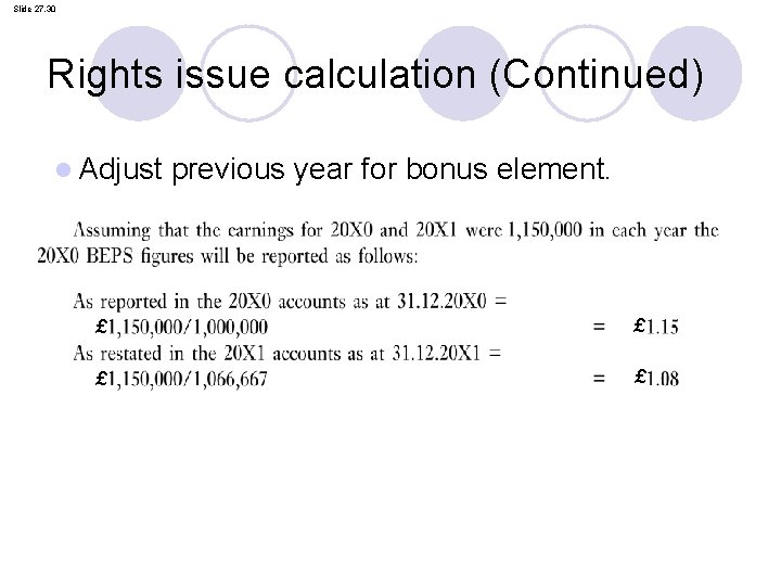 Slide 27. 30 Rights issue calculation (Continued) l Adjust previous year for bonus element.