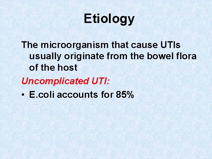 Etiology The microorganism that cause UTIs usually originate from the bowel flora of the