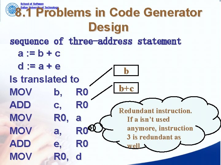 8. 1 Problems in Code Generator Design sequence of three-address statement a : =