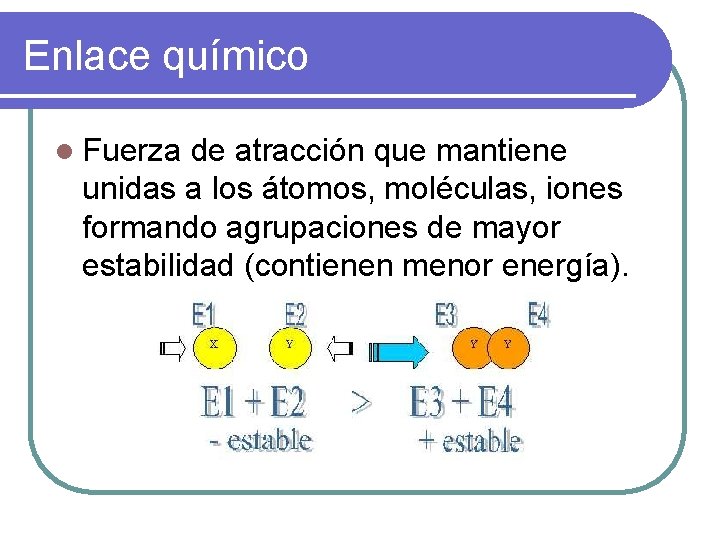 Enlace químico l Fuerza de atracción que mantiene unidas a los átomos, moléculas, iones