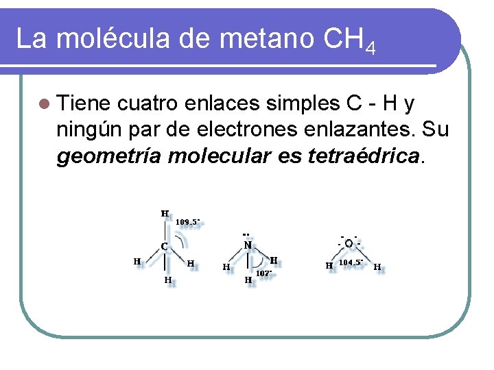 La molécula de metano CH 4 l Tiene cuatro enlaces simples C - H