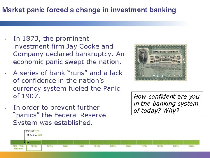 Market panic forced a change in investment banking • • • In 1873, the