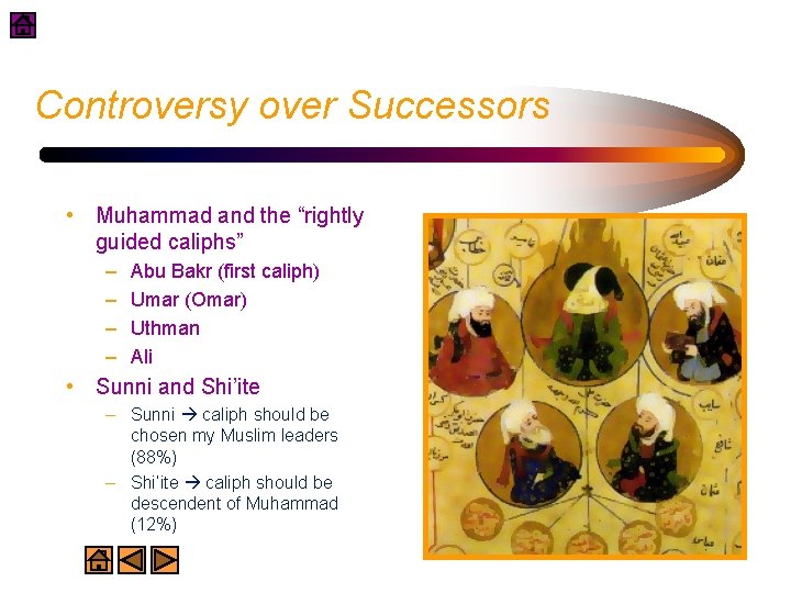 Controversy over Successors • Muhammad and the “rightly guided caliphs” – – Abu Bakr