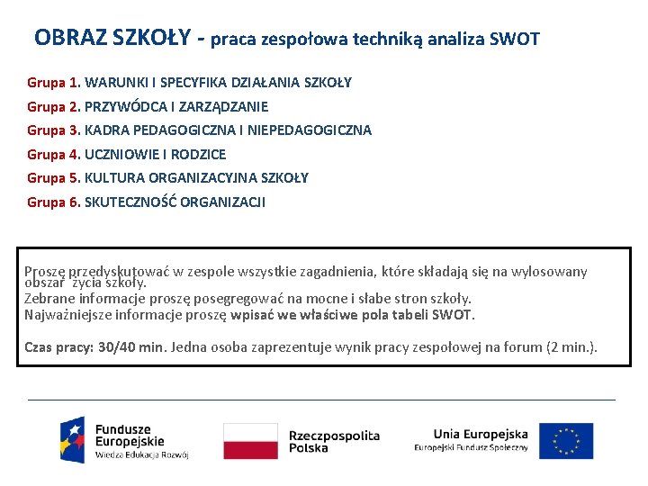 OBRAZ SZKOŁY - praca zespołowa techniką analiza SWOT Grupa 1. WARUNKI I SPECYFIKA DZIAŁANIA