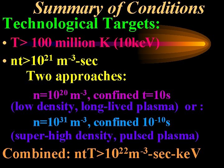 Summary of Conditions Technological Targets: • T> 100 million K (10 ke. V) 21