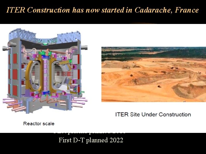 ITER Construction has now started in Cadarache, France First plasma planned 2018 First D-T
