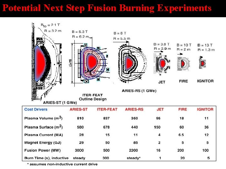 Potential Next Step Fusion Burning Experiments 