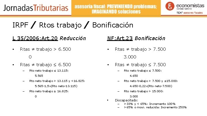 IRPF / Rtos trabajo / Bonificación L 35/2006: Art. 20 Reducción • Rtas ≠