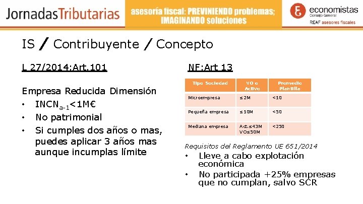 IS / Contribuyente / Concepto L 27/2014: Art. 101 Empresa Reducida Dimensión • INCNa-1<1