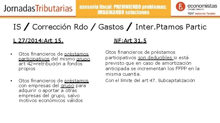 IS / Corrección Rdo / Gastos L 27/2014: Art 15. / Inter. Ptamos Partic