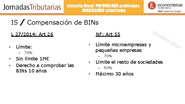 IS / Compensación de BINs L 27/2014: Art 26 • Límite: NF: Art 55