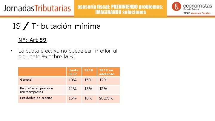 IS / Tributación mínima NF: Art 59 • La cuota efectiva no puede ser