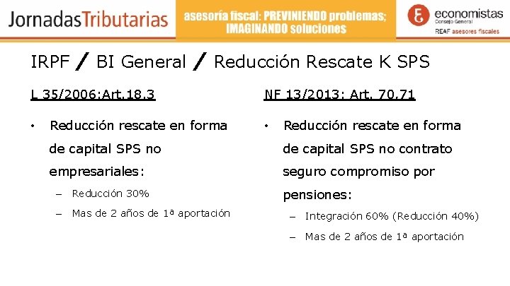 IRPF / BI General / Reducción Rescate K SPS L 35/2006: Art. 18. 3