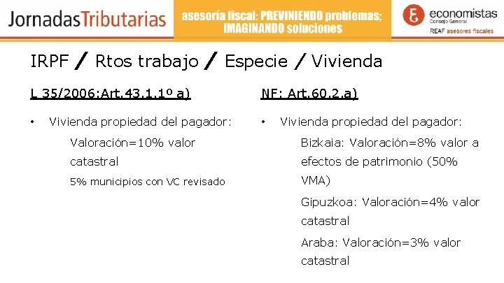 IRPF / Rtos trabajo / Especie / Vivienda L 35/2006: Art. 43. 1. 1º