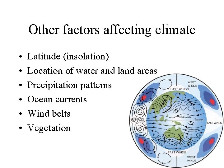Other factors affecting climate • • • Latitude (insolation) Location of water and land