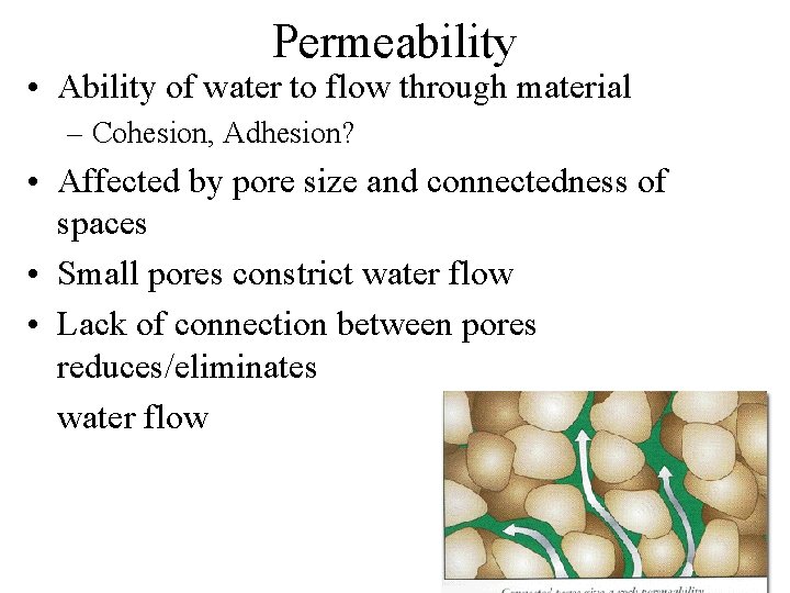Permeability • Ability of water to flow through material – Cohesion, Adhesion? • Affected