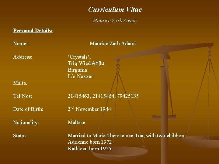 Curriculum Vitae Maurice Zarb Adami Personal Details: Name: Address: Maurice Zarb Adami ‘Crystals’, Triq
