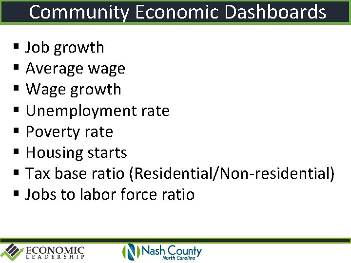 Community Economic Dashboards Job growth Average wage Wage growth Unemployment rate Poverty rate Housing