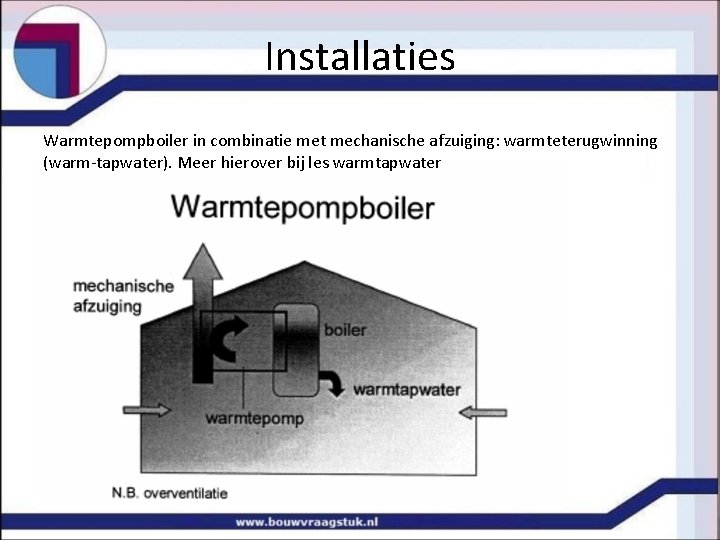 Installaties Warmtepompboiler in combinatie met mechanische afzuiging: warmteterugwinning (warm-tapwater). Meer hierover bij les warmtapwater