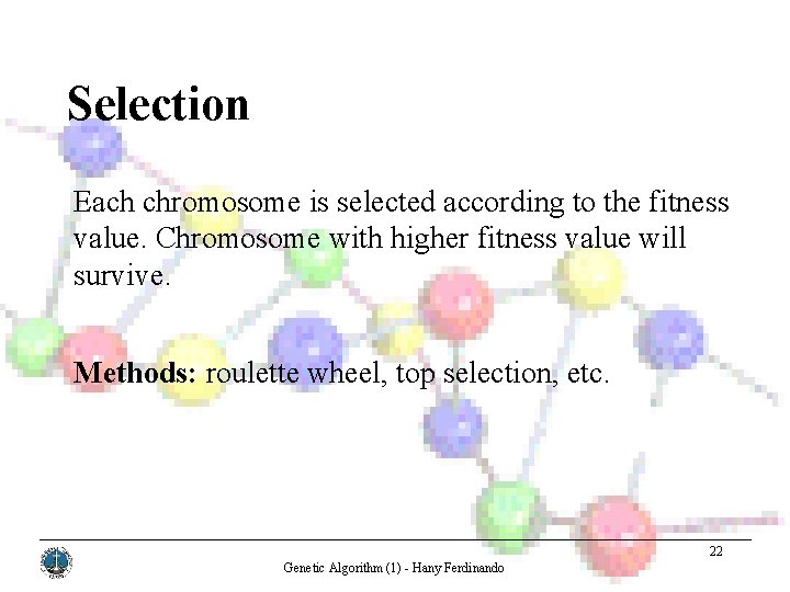 Selection Each chromosome is selected according to the fitness value. Chromosome with higher fitness