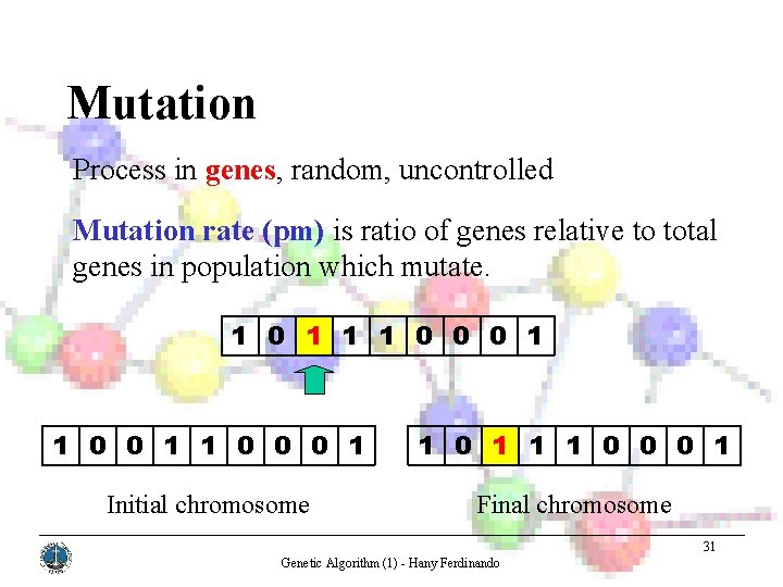 Mutation Process in genes, random, uncontrolled Mutation rate (pm) is ratio of genes relative