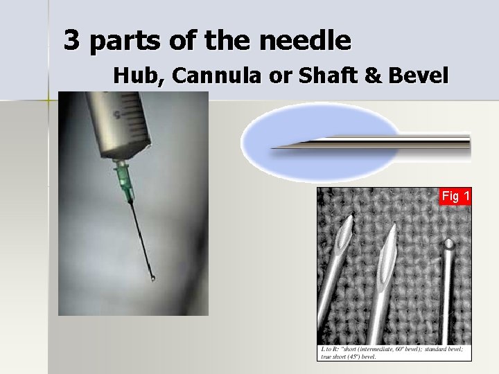 3 parts of the needle Hub, Cannula or Shaft & Bevel 