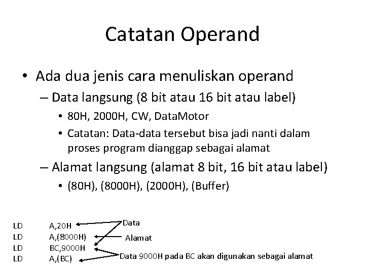 Catatan Operand • Ada dua jenis cara menuliskan operand – Data langsung (8 bit